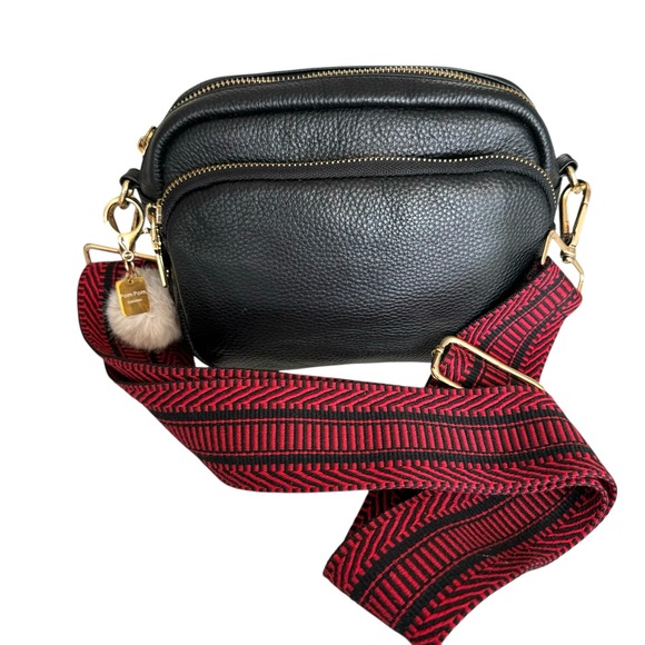 Pom Pom London Black Leather Crossbody Red Braided Strap...